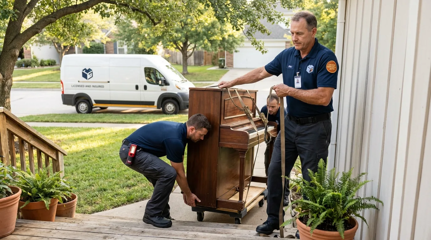 Licensed piano movers securing grand piano in Bellmore, NY